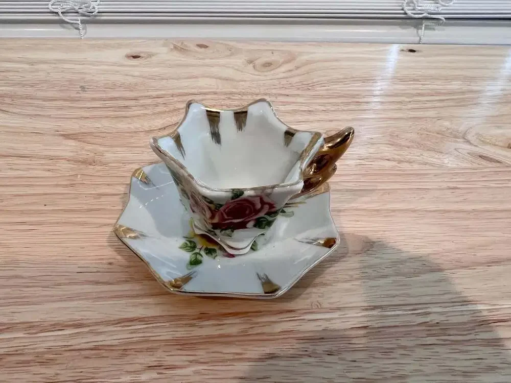 Vintage Enesco Miniature Floral Tea Cup and Saucer with Gold Trim